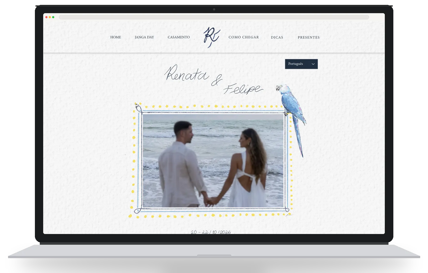 Wedding website, framed photo with illustrated parrot