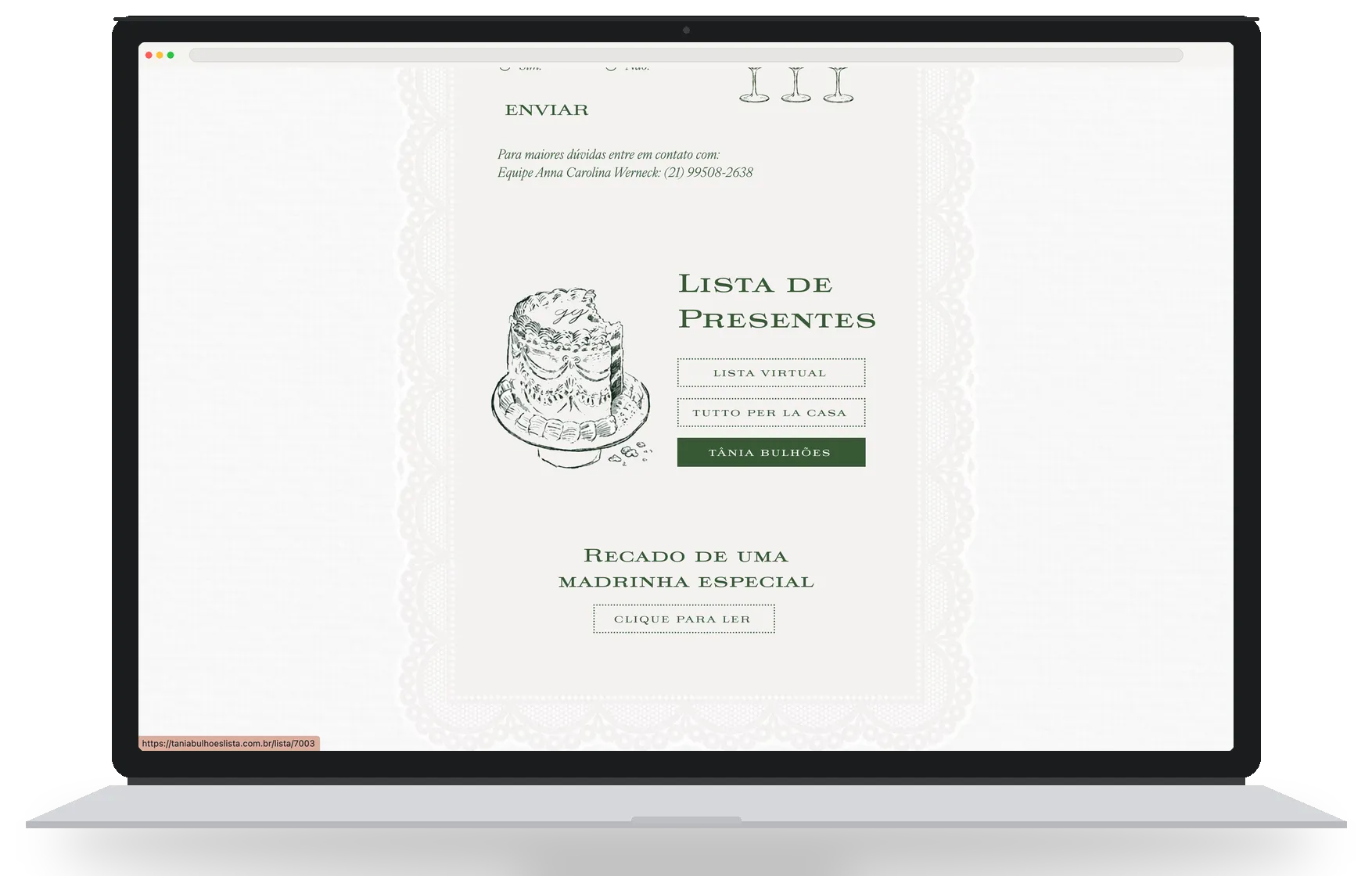 Wedding website with gift registry section